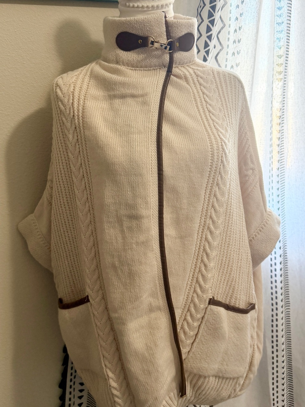 Cream- snap Front Cable Knit Women's Sweater Poncho